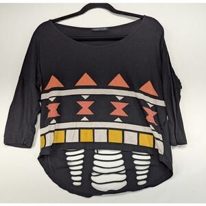 Rock Rose Classic Black Tribal Graphic Distressed Shredded Back Top Small